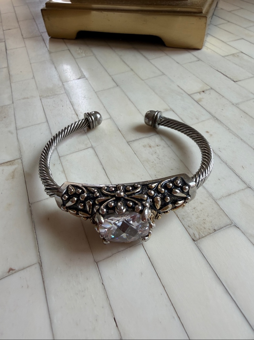 Sterling-Tone Silver Bracelet with Clear Crystal Center